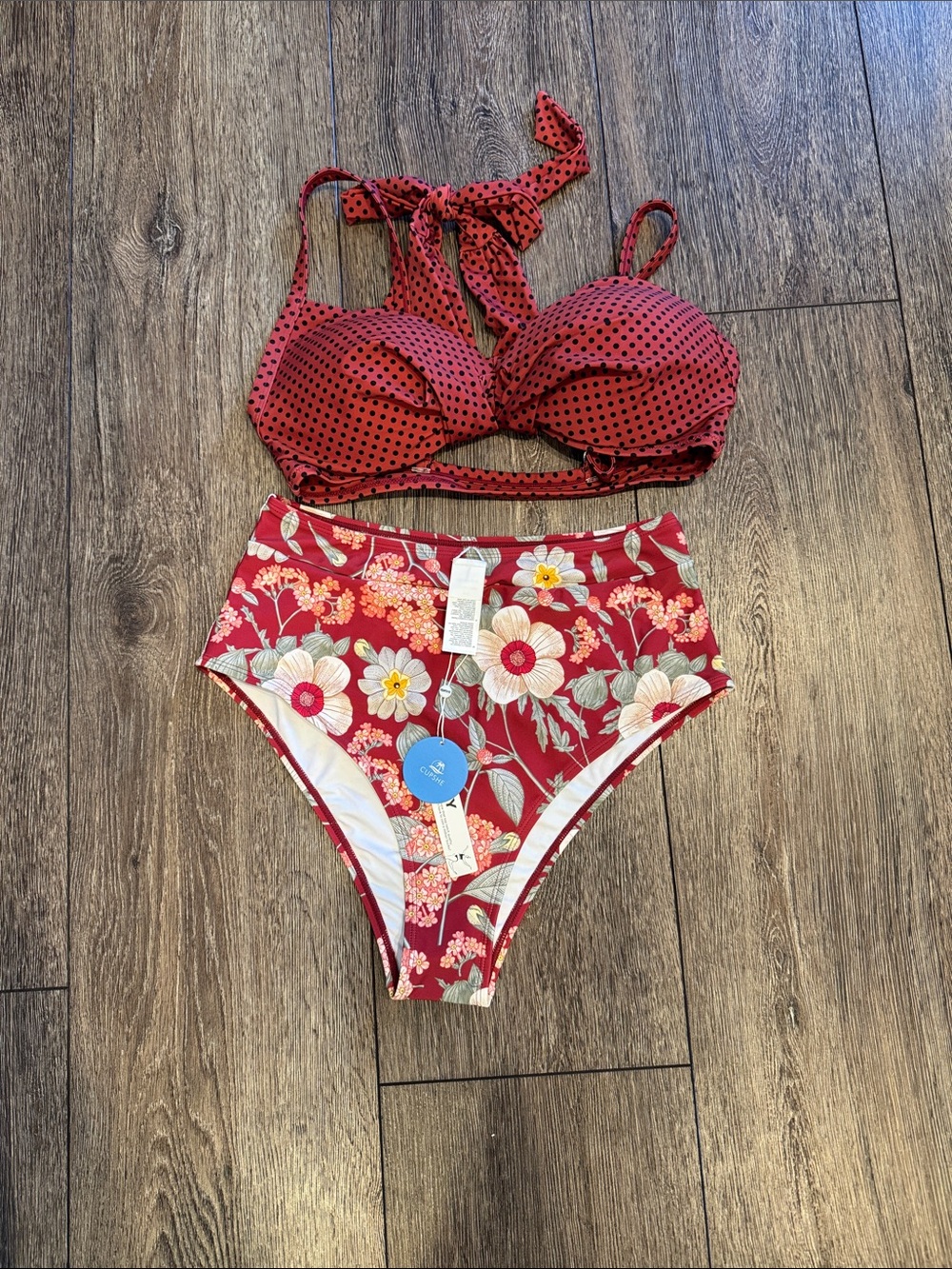 Cupshe Red Polka Dot & Floral High-Waist Bikini Set